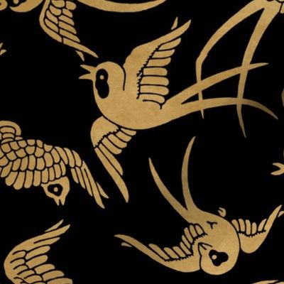 VINTAGE JAPANESE SWALLOWS - GOLD ON BLACK