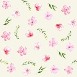 cherry blossom fabric - watercolor fabric, watercolor floral fabric, spring floral fabric, spring blossoms - cream