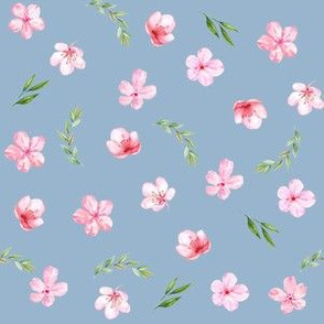 cherry blossom fabric - watercolor fabric, watercolor floral fabric, spring floral fabric, spring blossoms - blue