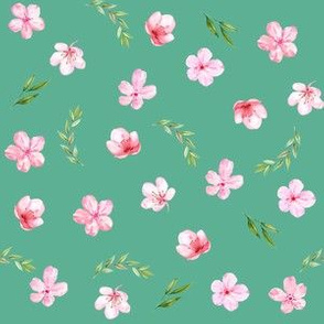 cherry blossom fabric - watercolor fabric, watercolor floral fabric, spring floral fabric, spring blossoms - green