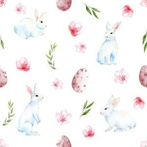 easter rabbit fabric - spring floral easter fabric, easter bunny fabric, easter fabric, floral fabric, spring fabric - white