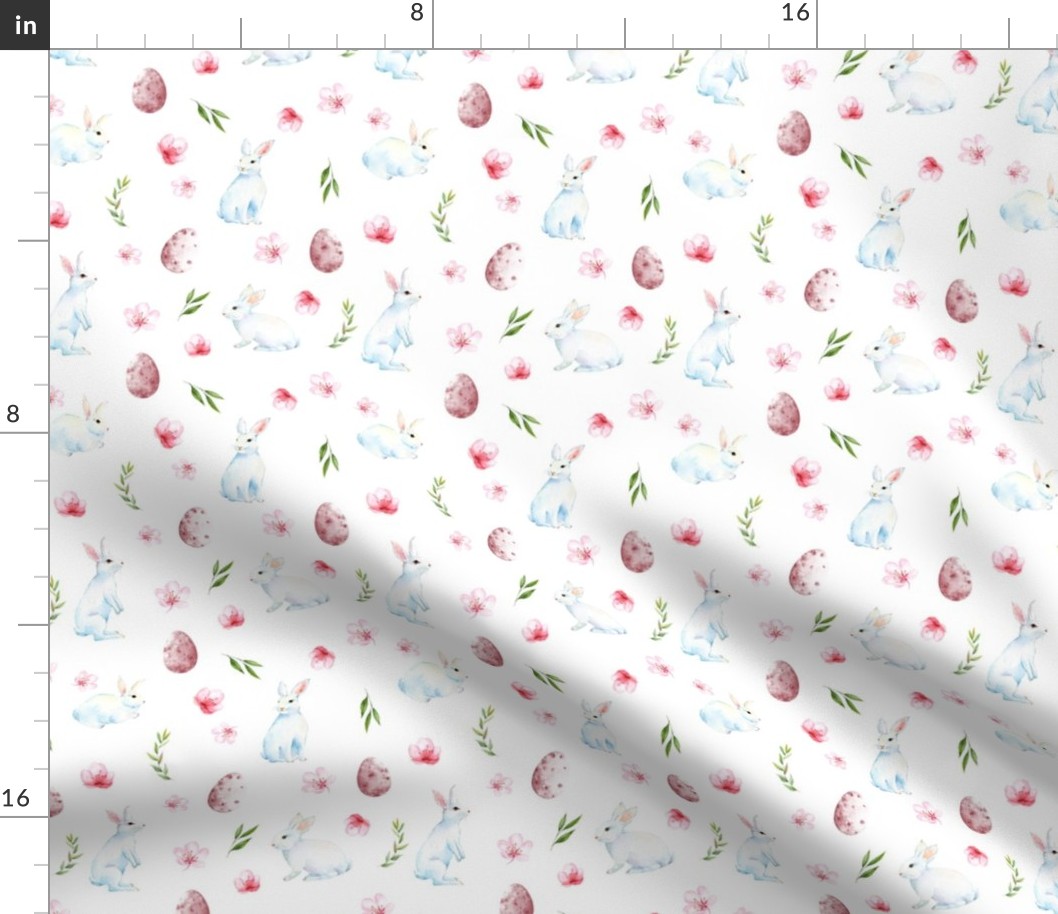 easter rabbit fabric - spring floral easter fabric, easter bunny fabric, easter fabric, floral fabric, spring fabric - white