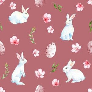 easter rabbit fabric - spring floral easter fabric, easter bunny fabric, easter fabric, floral fabric, spring fabric -  clay