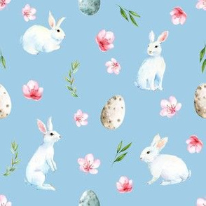 easter rabbit fabric - spring floral easter fabric, easter bunny fabric, easter fabric, floral fabric, spring fabric -  blue