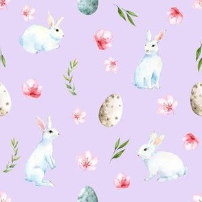 easter rabbit fabric - spring floral easter fabric, easter bunny fabric, easter fabric, floral fabric, spring fabric - lavender