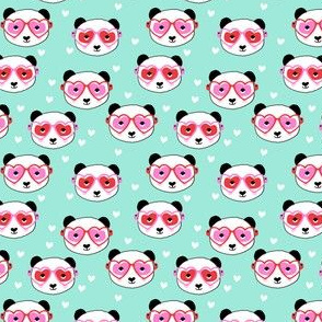 SMALL - panda valentines fabric - cute valentines day fabric, animal valentines, girls valentines, sweet valentine- mint