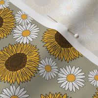 sunflowers and daisies fabric, sunflower fabric, floral fabric, summer fabric - sage