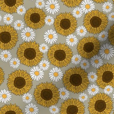 sunflowers and daisies fabric, sunflower fabric, floral fabric, summer fabric - sage
