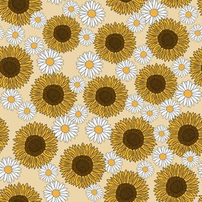 sunflowers and daisies fabric, sunflower fabric, floral fabric, summer fabric - yellow