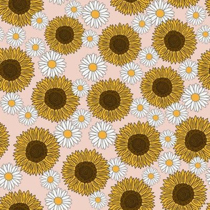 sunflowers and daisies fabric, sunflower fabric, floral fabric, summer fabric - blush