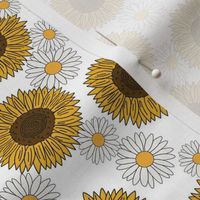 sunflowers and daisies fabric, sunflower fabric, floral fabric, summer fabric - white