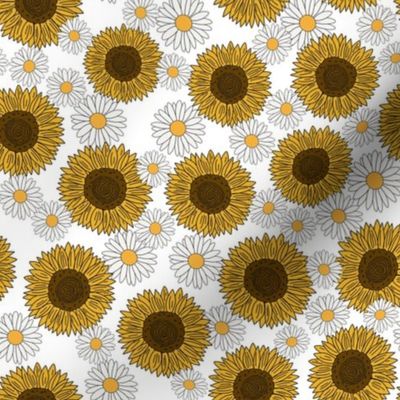 sunflowers and daisies fabric, sunflower fabric, floral fabric, summer fabric - white