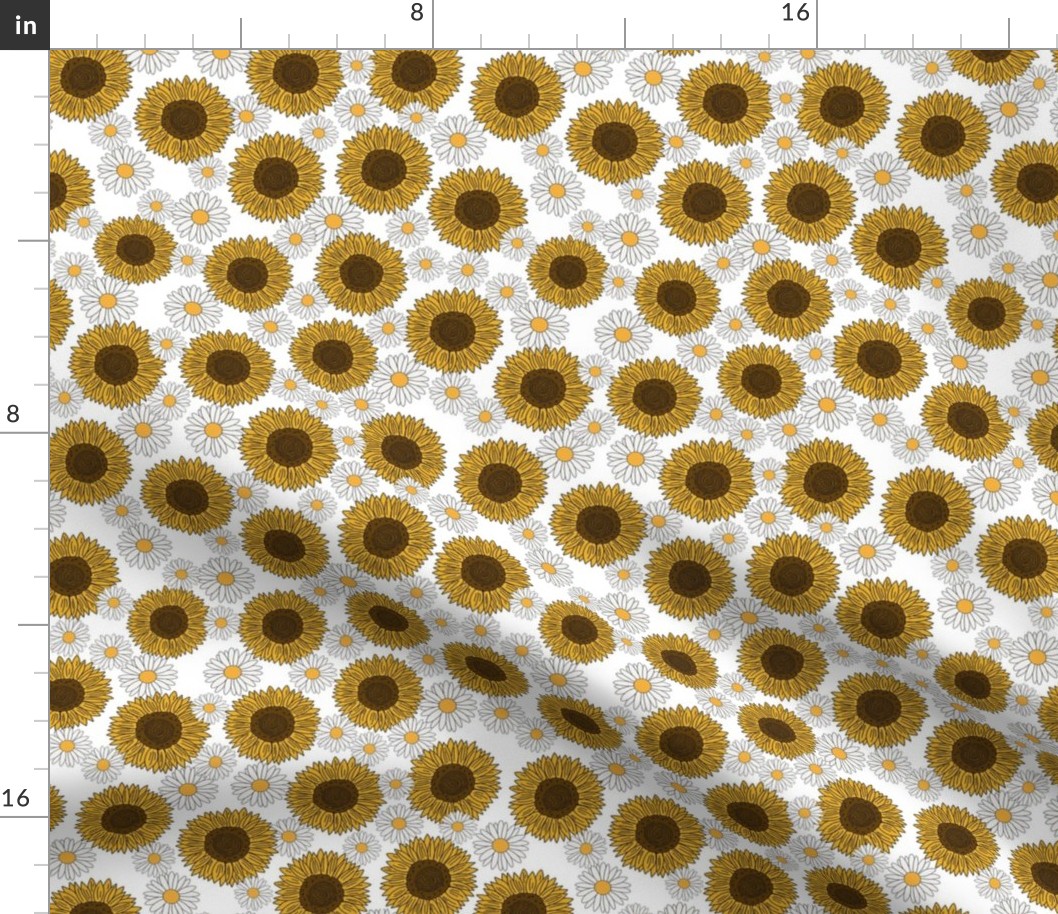 sunflowers and daisies fabric, sunflower fabric, floral fabric, summer fabric - white