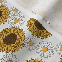 sunflowers and daisies fabric, sunflower fabric, floral fabric, summer fabric - cream