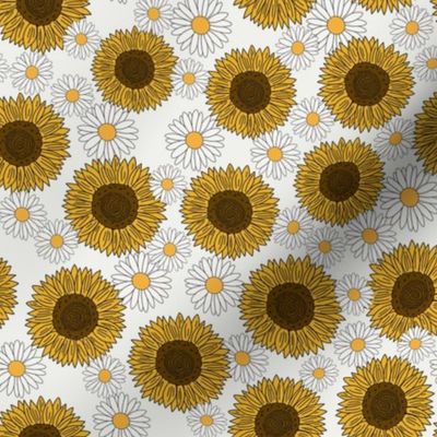 sunflowers and daisies fabric, sunflower fabric, floral fabric, summer fabric - cream