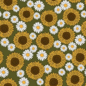 sunflowers and daisies fabric, sunflower fabric, floral fabric, summer fabric - green