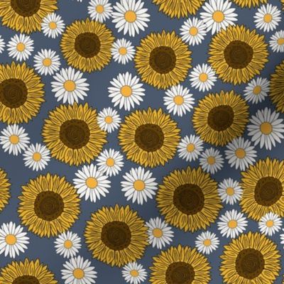 sunflowers and daisies fabric, sunflower fabric, floral fabric, summer fabric -  dark blue
