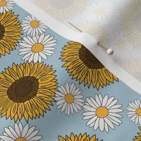 sunflowers and daisies fabric, sunflower fabric, floral fabric, summer fabric - light blue