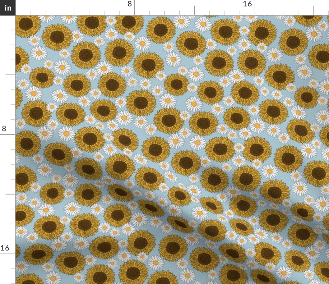 sunflowers and daisies fabric, sunflower fabric, floral fabric, summer fabric - light blue