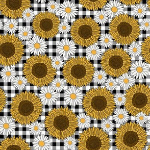 sunflowers and daisies fabric, sunflower fabric, floral fabric, summer fabric - black plaid