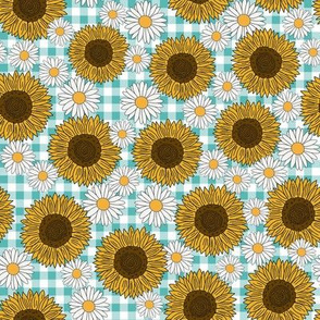 sunflowers and daisies fabric, sunflower fabric, floral fabric, summer fabric - teal plaid