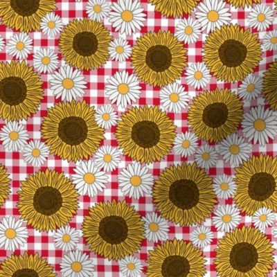 sunflowers and daisies fabric, sunflower fabric, floral fabric, summer fabric - red plaid