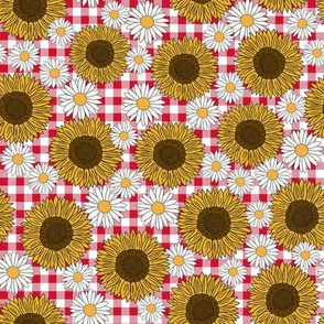 sunflowers and daisies fabric, sunflower fabric, floral fabric, summer fabric - red plaid