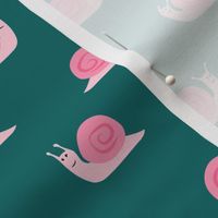 snails - cute spring snails - pink on green - LAD19