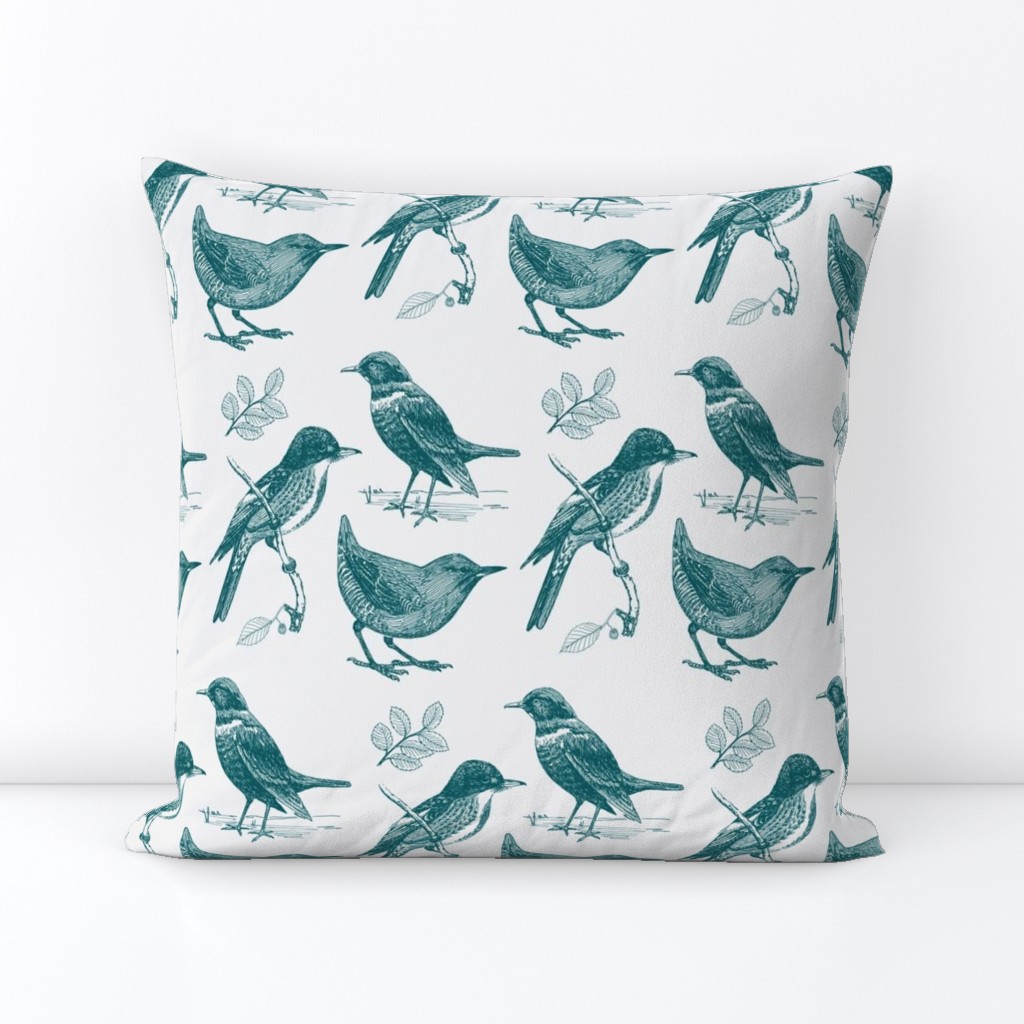 Toile de Jouy Birds Teal on Gray