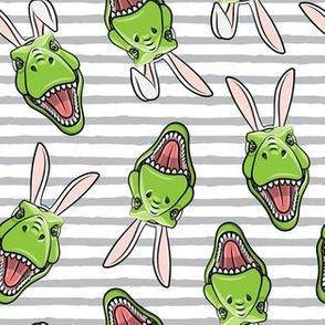 trex wearing bunny ears - grey stripes -Easter fabric - LAD19