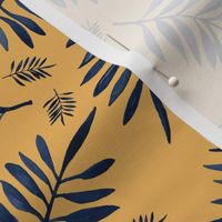 Watercolors palm leaves tropical beach minimal jungle island garden ochre yellow navy blue