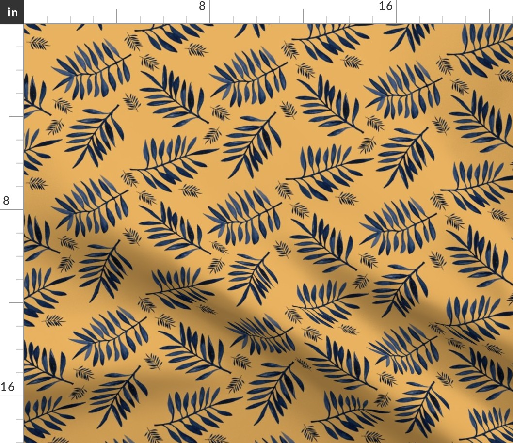 Watercolors palm leaves tropical beach minimal jungle island garden ochre yellow navy blue