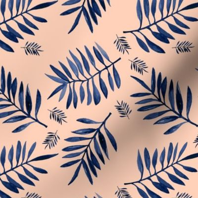 Watercolors palm leaves tropical beach minimal jungle island garden apricot navy blue