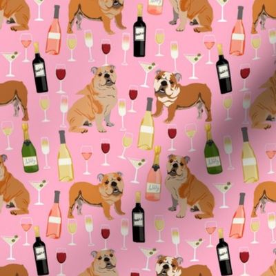 english bulldog wine fabric - dog fabric, wine fabric, english bulldogs, bulldog - pink