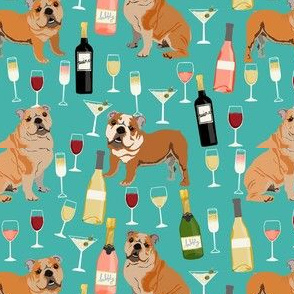 english bulldog wine fabric - dog fabric, wine fabric, english bulldogs, bulldog - teal