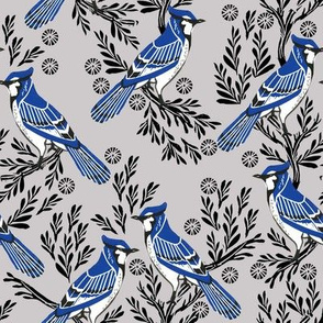 blue jay fabric, blue jay wallpaper, blue jay home decor, blue jay curtains, blue jay linocut, woodcut - grey