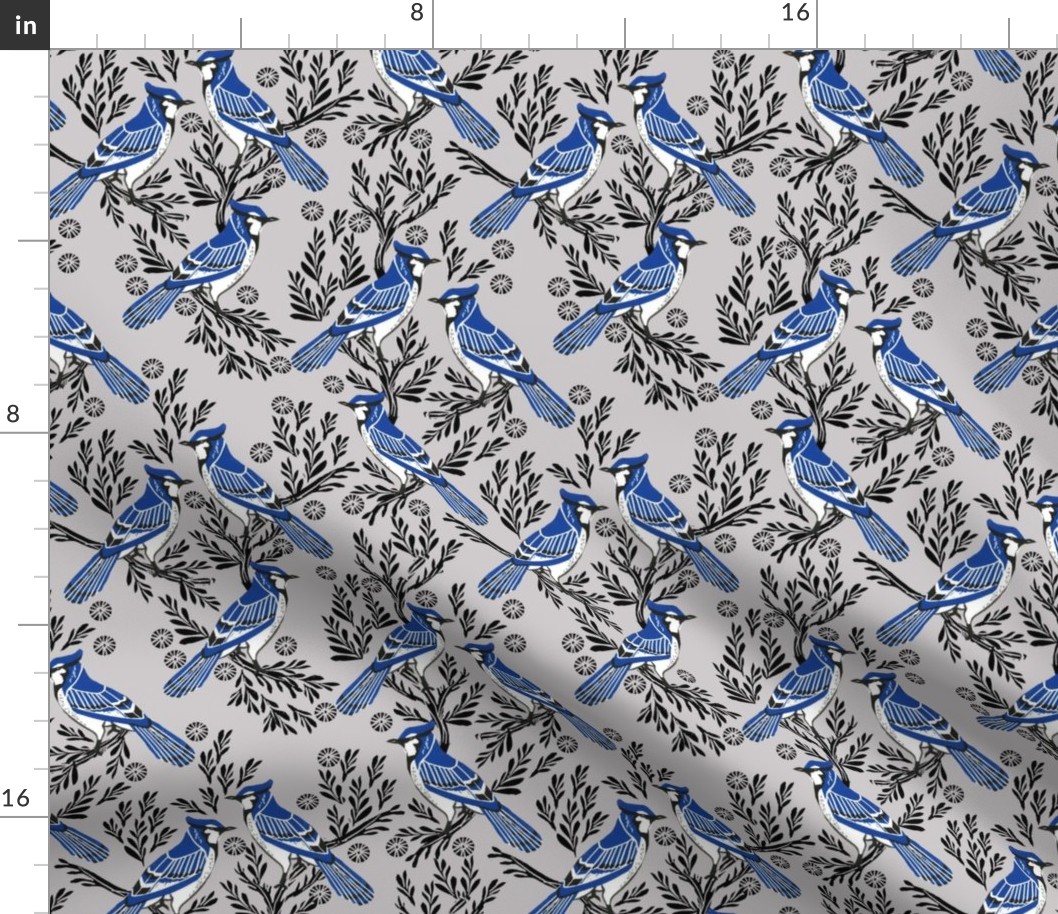 blue jay fabric, blue jay wallpaper, blue jay home decor, blue jay curtains, blue jay linocut, woodcut - grey