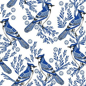blue jay fabric, blue jay wallpaper, blue jay home decor, blue jay curtains, blue jay linocut, woodcut - blue and white