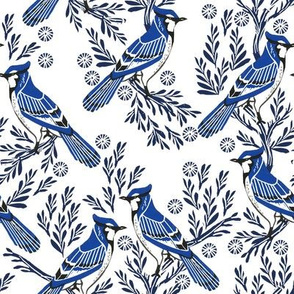 blue jay fabric, blue jay wallpaper, blue jay home decor, blue jay curtains, blue jay linocut, woodcut - dark navy and white