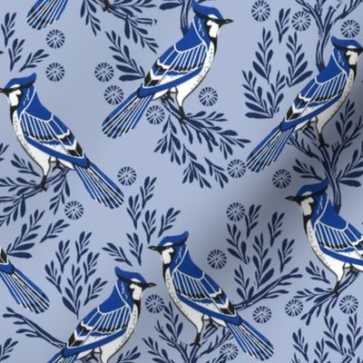 blue jay fabric, blue jay wallpaper, blue jay home decor, blue jay curtains, blue jay linocut, woodcut - pale blue