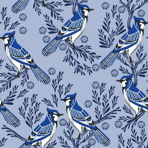 blue jay fabric, blue jay wallpaper, blue jay home decor, blue jay curtains, blue jay linocut, woodcut - pale blue