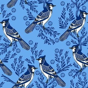 LARGE - blue jay fabric, blue jay wallpaper, blue jay home decor, blue jay curtains, blue jay linocut, woodcut - john hopkins blue