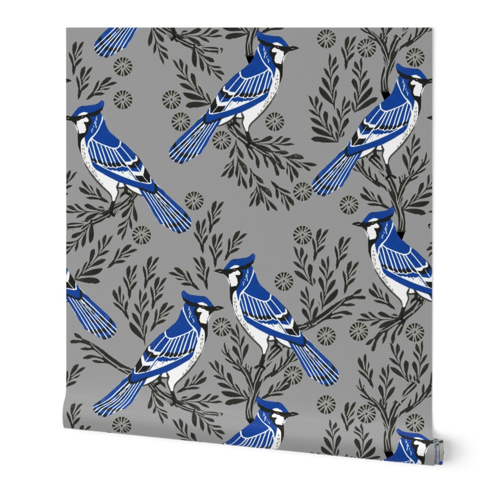 LARGE - blue jay fabric, blue jay wallpaper, blue jay home decor, blue jay curtains, blue jay linocut, woodcut - grey