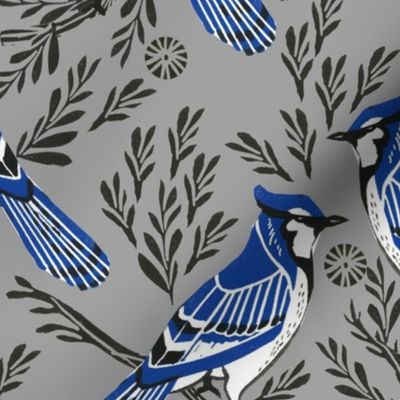 LARGE - blue jay fabric, blue jay wallpaper, blue jay home decor, blue jay curtains, blue jay linocut, woodcut - grey