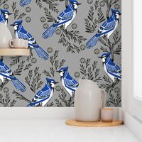 LARGE - blue jay fabric, blue jay wallpaper, blue jay home decor, blue jay curtains, blue jay linocut, woodcut - grey