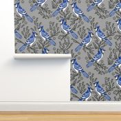 LARGE - blue jay fabric, blue jay wallpaper, blue jay home decor, blue jay curtains, blue jay linocut, woodcut - grey