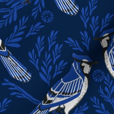 LARGE - blue jay fabric, blue jay wallpaper, blue jay home decor, blue jay curtains, blue jay linocut, woodcut - dark navy