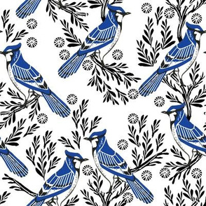 blue jay fabric, blue jay wallpaper, blue jay home decor, blue jay curtains, blue jay linocut, woodcut - white