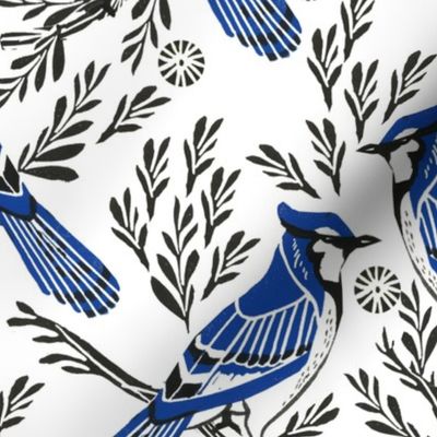 LARGE - blue jay fabric, blue jay wallpaper, blue jay home decor, blue jay curtains, blue jay linocut, woodcut - black and white