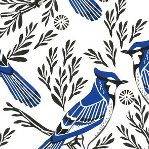 LARGE - blue jay fabric, blue jay wallpaper, blue jay home decor, blue jay curtains, blue jay linocut, woodcut - black and white